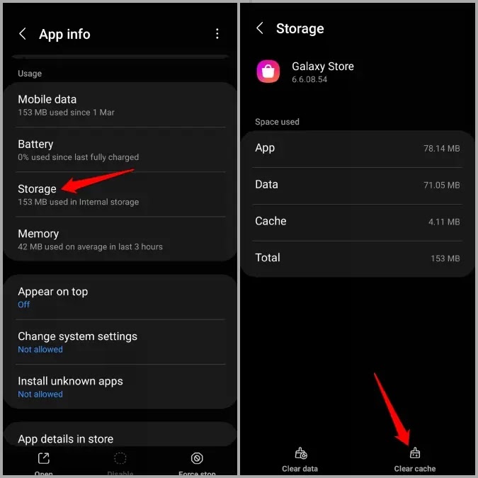 مسح ذاكرة التخزين المؤقت لتطبيق Galaxy Store على هاتف Samsung مسح ذاكرة التخزين المؤقت لمتجر جالاكسي